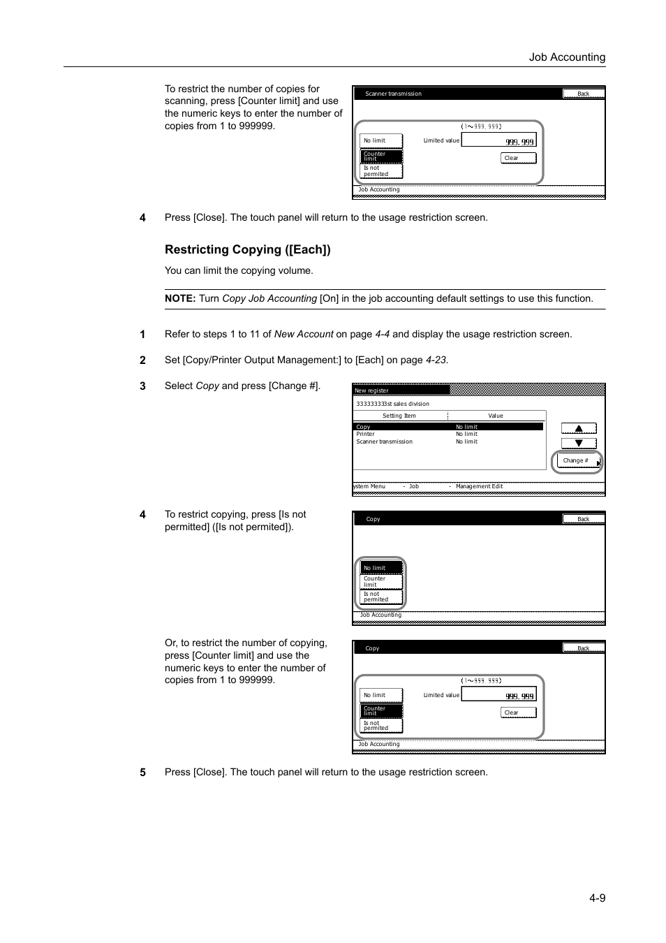 Restricting copying ([each]), Job accounting 4-9, Select copy and press [change | TA Triumph-Adler DC 2162 User Manual | Page 169 / 210
