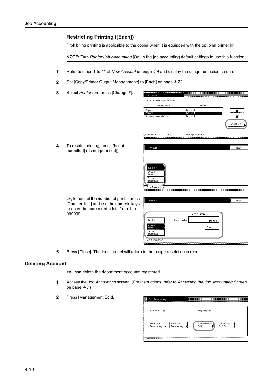 Deleting account, Restricting printing ([each]), Job accounting 4-10 | Select printer and press [change, You can delete the department accounts registered, Press [management edit | TA Triumph-Adler DC 2162 User Manual | Page 170 / 210