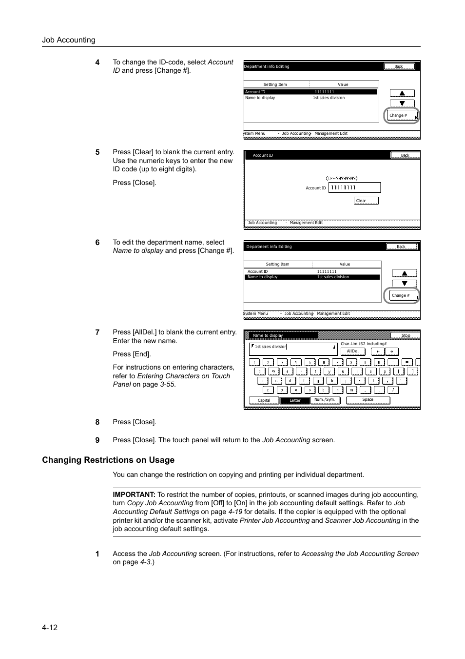 Changing restrictions on usage, Job accounting 4-12 4, Press [close | TA Triumph-Adler DC 2162 User Manual | Page 172 / 210