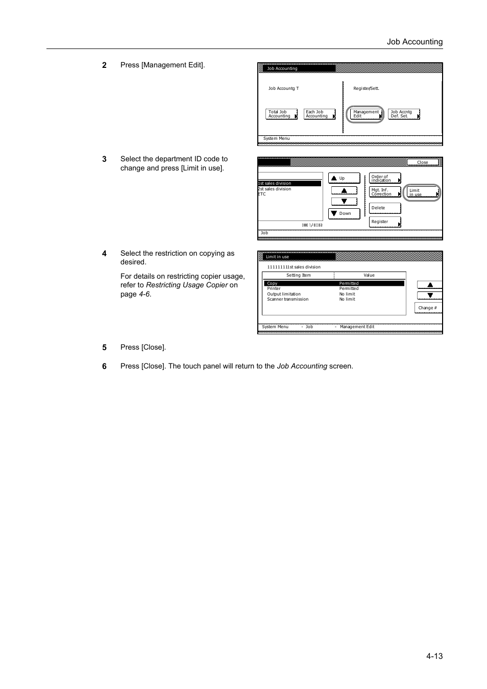 Job accounting 4-13 2, Press [management edit, Press [close | TA Triumph-Adler DC 2162 User Manual | Page 173 / 210