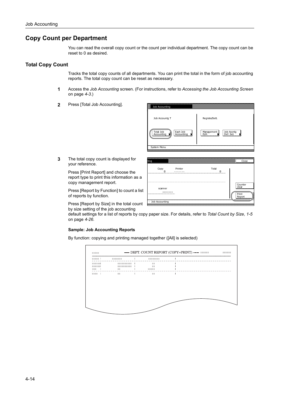 Copy count per department, Total copy count, Copy count per department -14 | Job accounting 4-14 | TA Triumph-Adler DC 2162 User Manual | Page 174 / 210