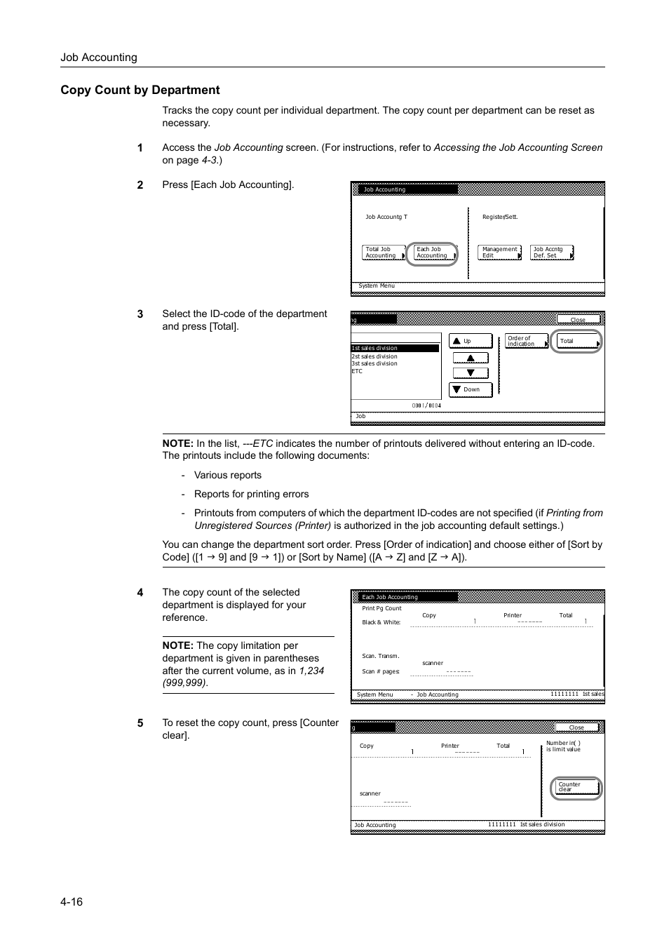 Copy count by department, Job accounting 4-16, Press [each job accounting | TA Triumph-Adler DC 2162 User Manual | Page 176 / 210