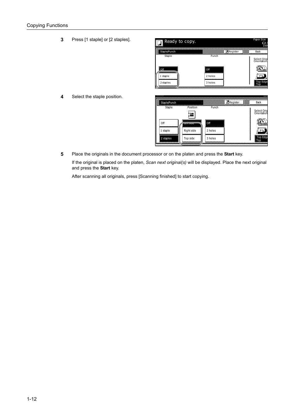 Copying functions 1-12 3, Press [1 staple] or [2 staples, Select the staple position | Ready to copy | TA Triumph-Adler DC 2162 User Manual | Page 18 / 210