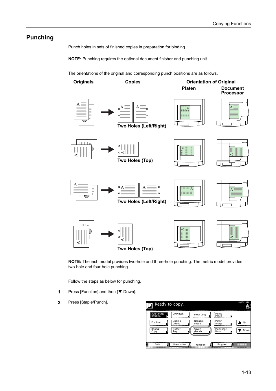 Punching, Punching -13, Copying functions 1-13 | TA Triumph-Adler DC 2162 User Manual | Page 19 / 210