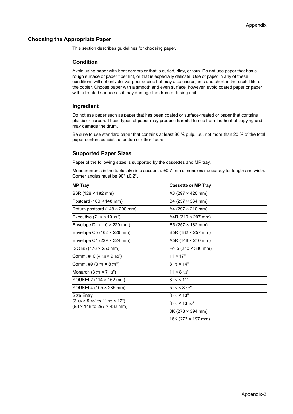 Choosing the appropriate paper, Condition, Ingredient | Supported paper sizes | TA Triumph-Adler DC 2162 User Manual | Page 191 / 210