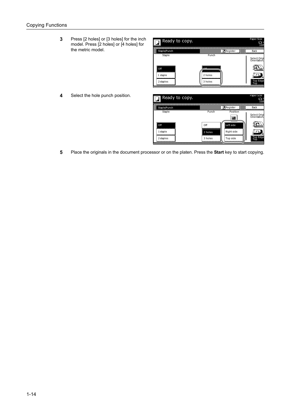 Copying functions 1-14 3, Select the hole punch position, Ready to copy | TA Triumph-Adler DC 2162 User Manual | Page 20 / 210