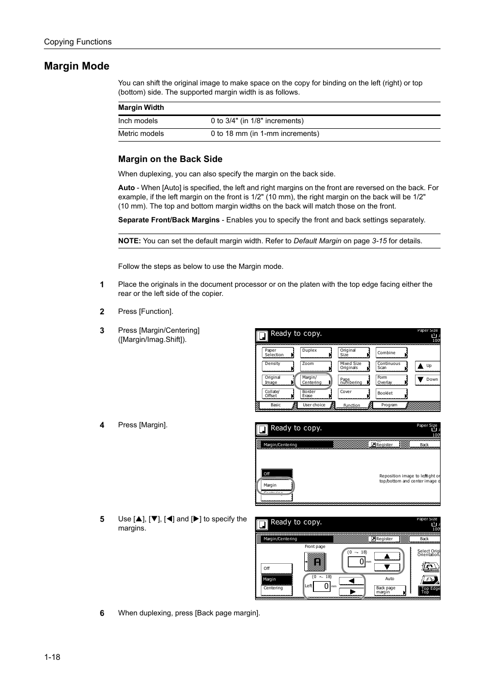 Margin mode, Margin mode -18, Margin on the back side | Copying functions 1-18, Press [function, Press [margin/centering] ([margin/imag.shift]), Press [margin, Use [s], [t], [w] and [x] to specify the margins, Ready to copy | TA Triumph-Adler DC 2162 User Manual | Page 24 / 210