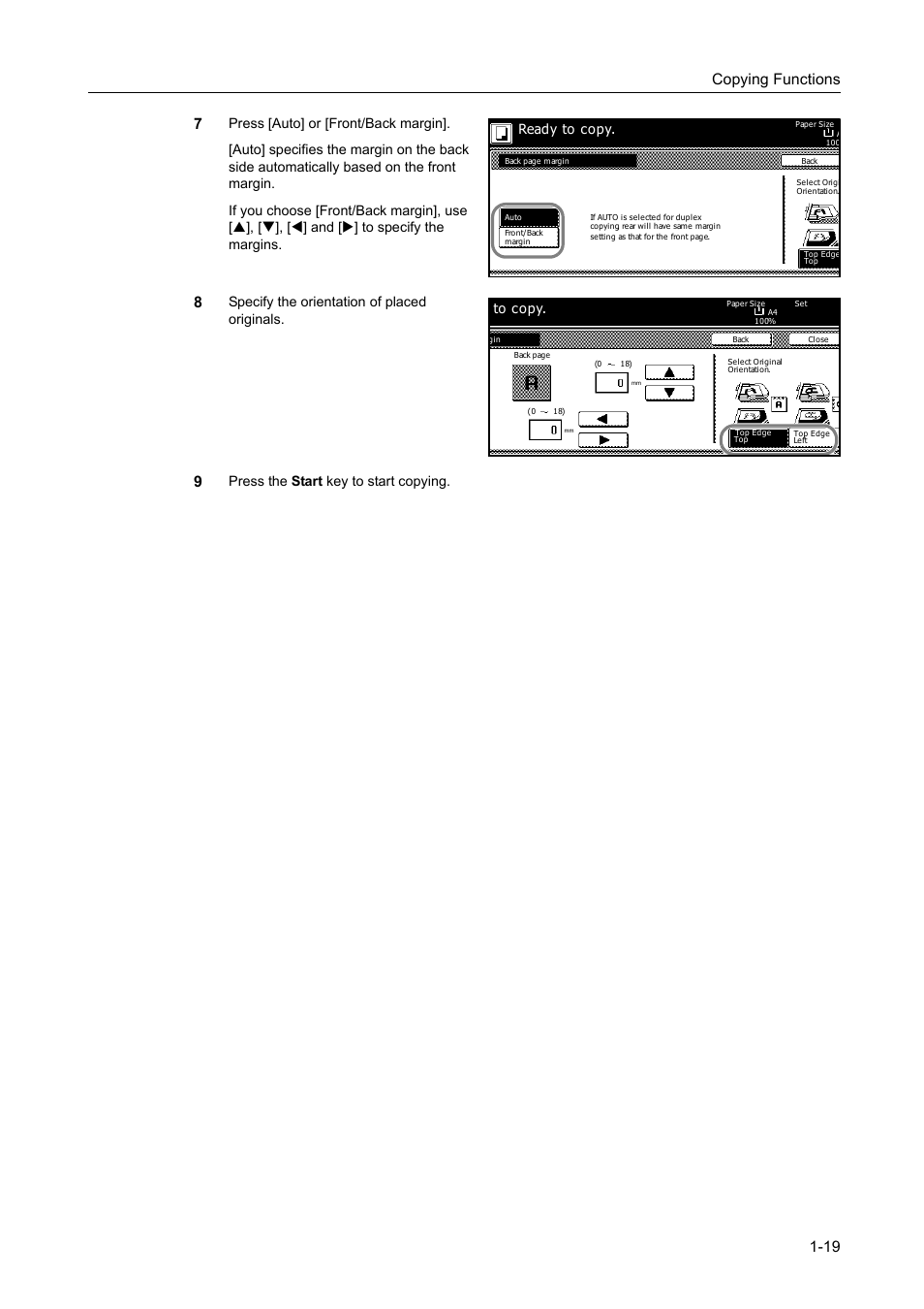 Copying functions 1-19 7, Specify the orientation of placed originals, Press the start key to start copying | Ready to copy | TA Triumph-Adler DC 2162 User Manual | Page 25 / 210