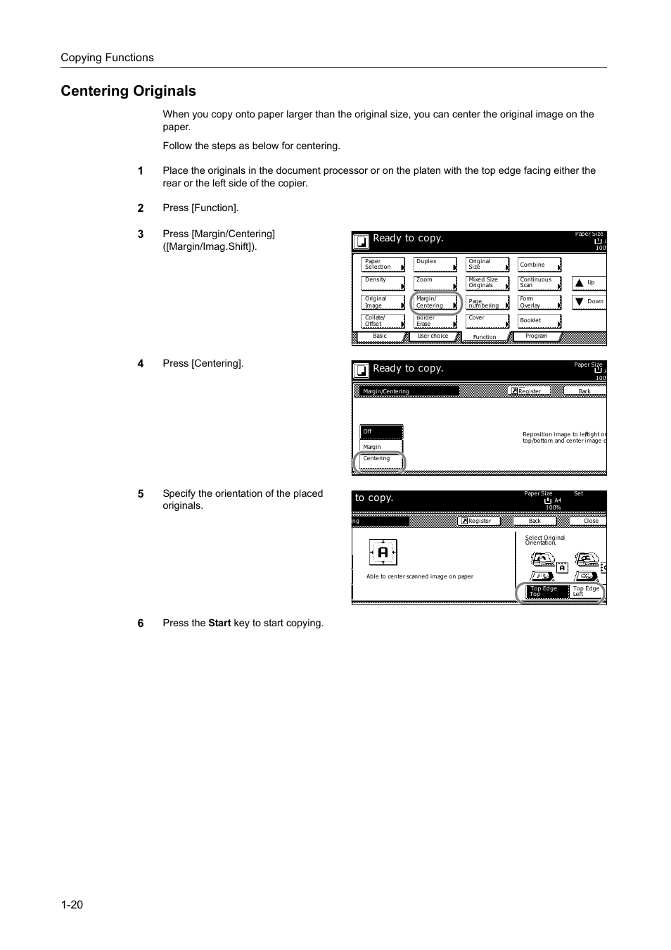 Centering originals, Centering originals -20, Copying functions 1-20 | Press [function, Press [margin/centering] ([margin/imag.shift]), Press [centering, Specify the orientation of the placed originals, Ready to copy | TA Triumph-Adler DC 2162 User Manual | Page 26 / 210