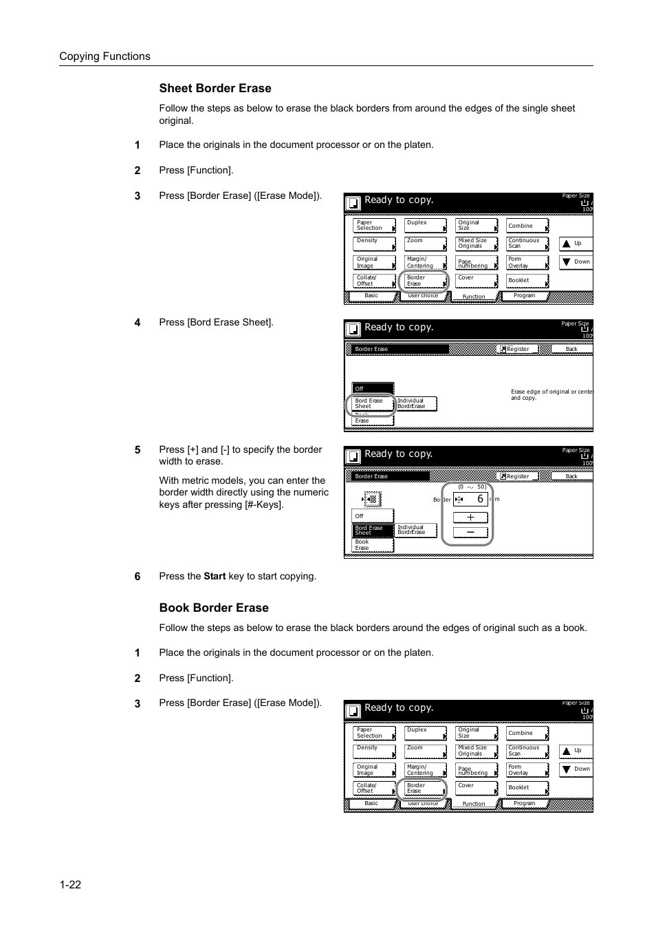 Sheet border erase, Book border erase, Copying functions 1-22 | Press [function, Press [border erase] ([erase mode]), Press [bord erase sheet, Press the start key to start copying, Press [border erase] ([erase mode]). ready to copy, Ready to copy | TA Triumph-Adler DC 2162 User Manual | Page 28 / 210