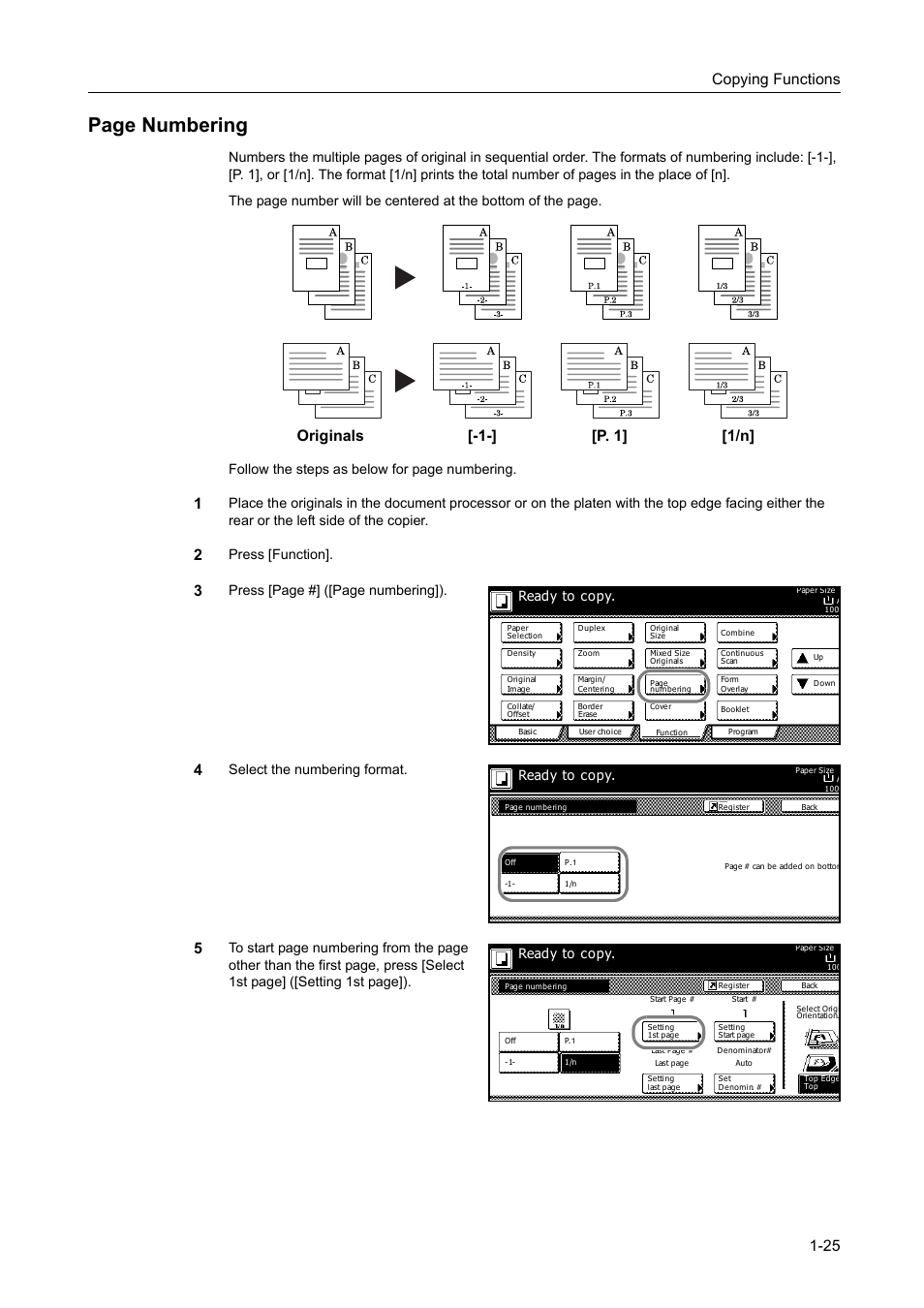 Page numbering, Copying functions 1-25, Originals [-1-] [p. 1] [1/n | Press [function, Press [page #] ([page numbering]), Select the numbering format, Ready to copy | TA Triumph-Adler DC 2162 User Manual | Page 31 / 210