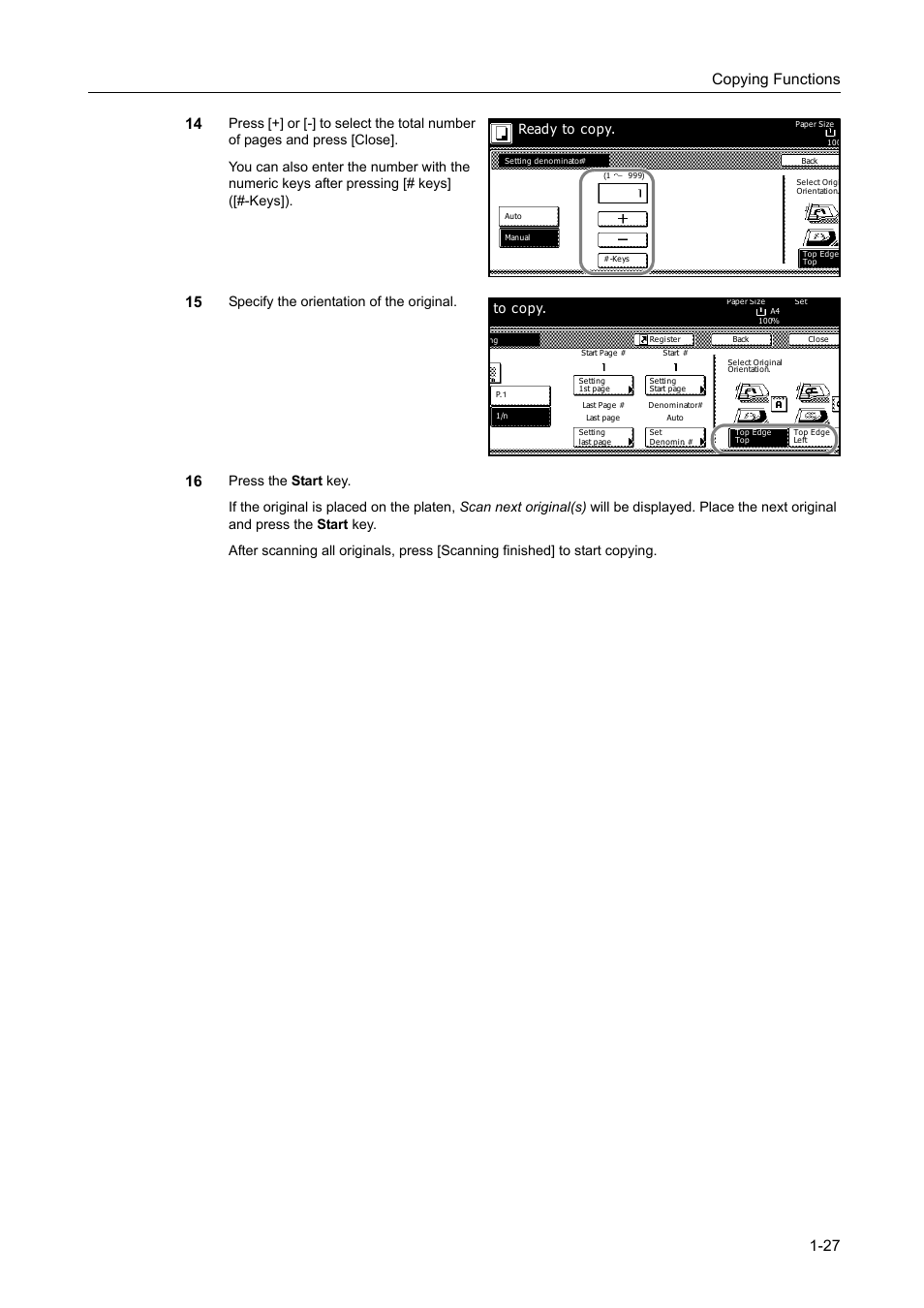 Specify the orientation of the original, Ready to copy | TA Triumph-Adler DC 2162 User Manual | Page 33 / 210