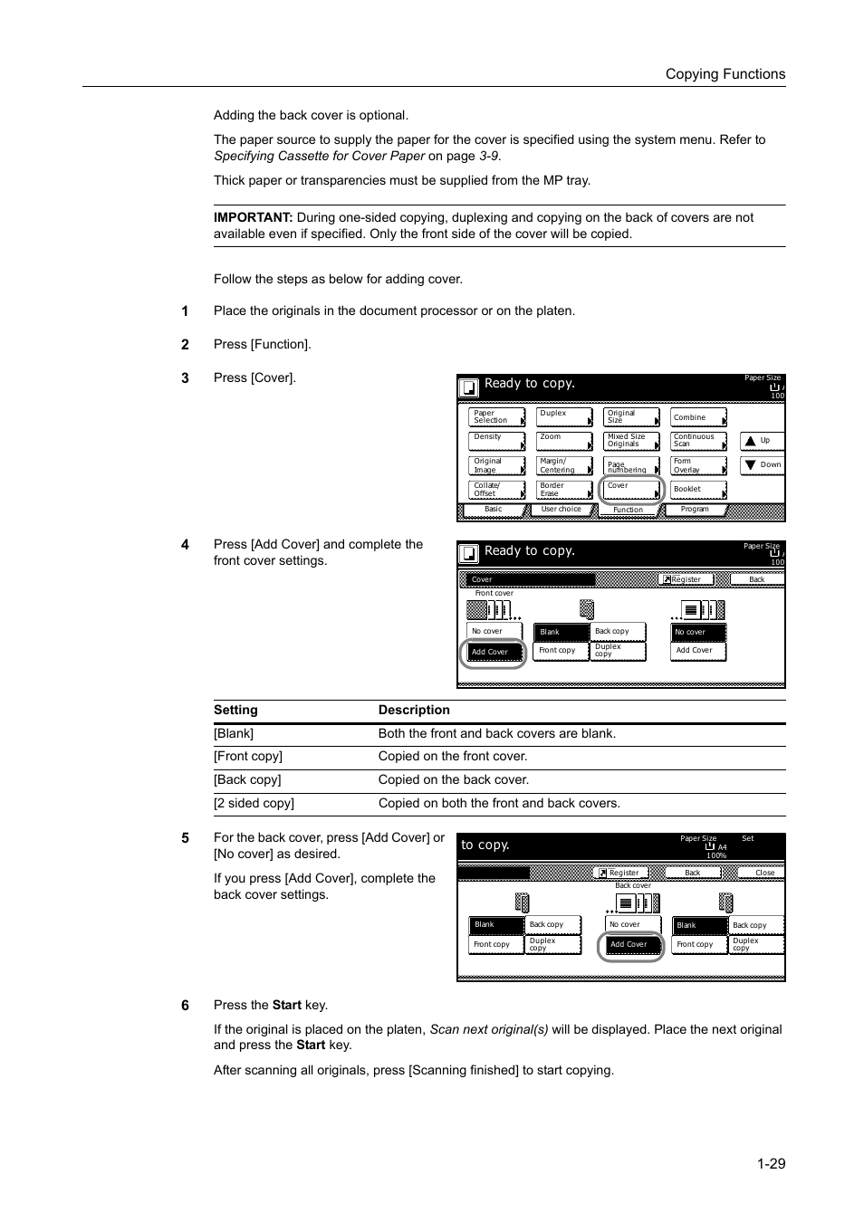 Copying functions 1-29, Press [function, Press [cover | Ready to copy | TA Triumph-Adler DC 2162 User Manual | Page 35 / 210