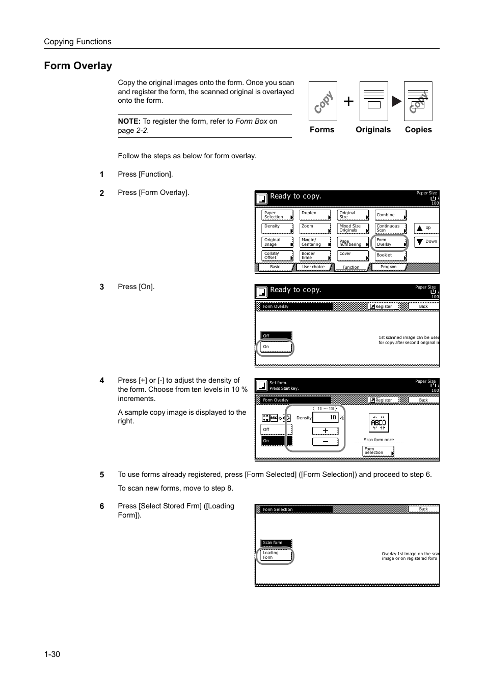 Form overlay, Form overlay -30, Copying functions 1-30 | Originals copies forms, Press [function, Press [form overlay, Press [on, Press [select stored frm] ([loading form]), Ready to copy | TA Triumph-Adler DC 2162 User Manual | Page 36 / 210