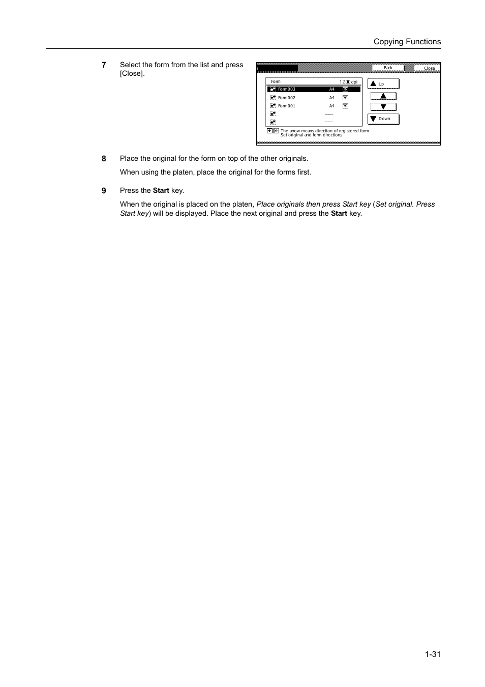 Copying functions 1-31 7, Select the form from the list and press [close | TA Triumph-Adler DC 2162 User Manual | Page 37 / 210