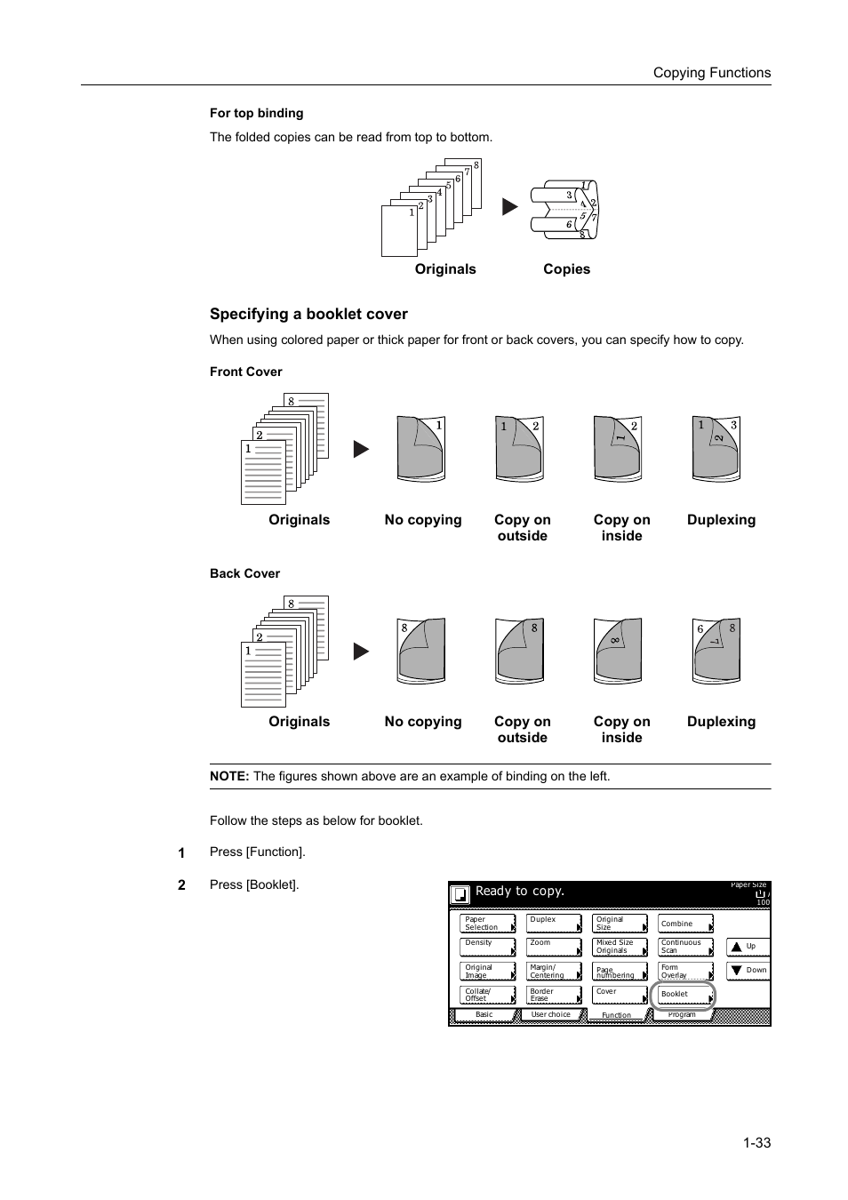 Specifying a booklet cover, Copying functions 1-33 | TA Triumph-Adler DC 2162 User Manual | Page 39 / 210