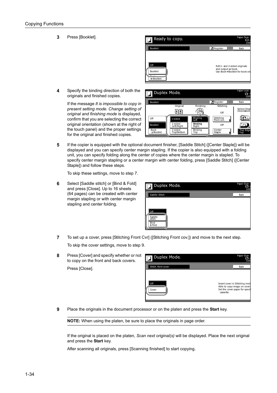 Copying functions 1-34 3, Press [booklet, Ready to copy | Duplex mode | TA Triumph-Adler DC 2162 User Manual | Page 40 / 210