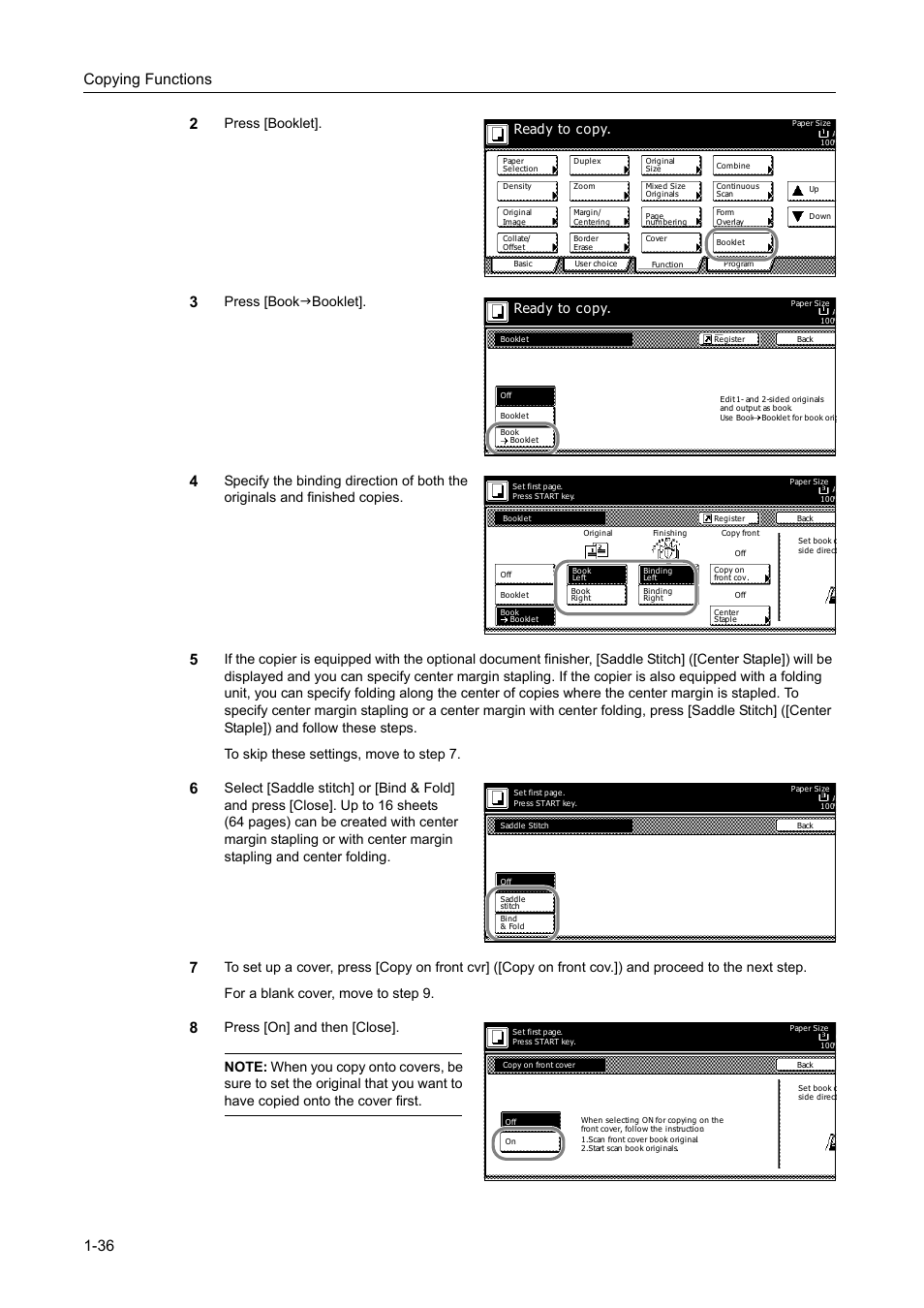 Copying functions 1-36 2, Press [booklet, Press [bookjbooklet | Ready to copy | TA Triumph-Adler DC 2162 User Manual | Page 42 / 210