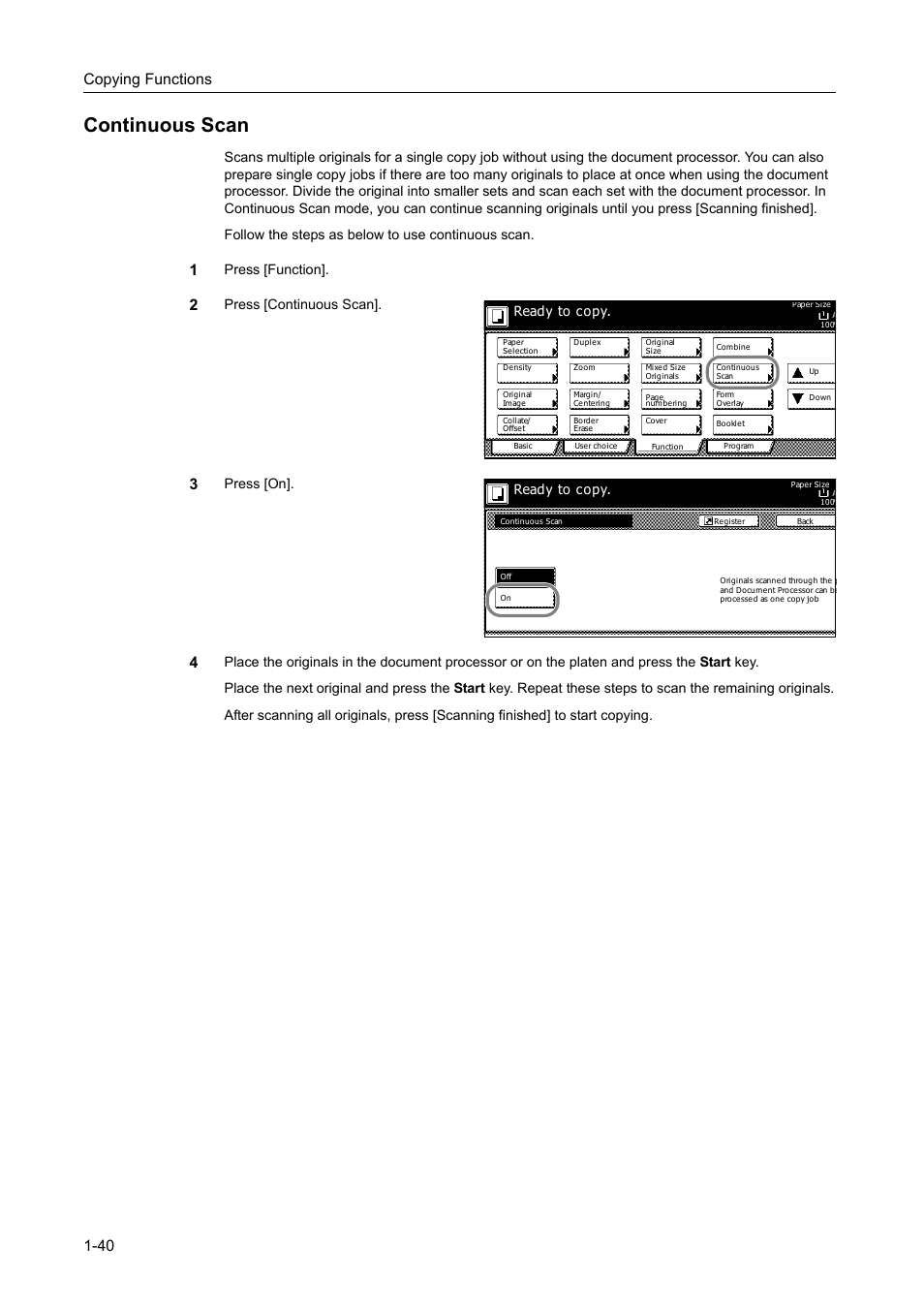 Continuous scan, Continuous scan -40, Copying functions 1-40 | Press [function, Press [continuous scan, Press [on, Ready to copy | TA Triumph-Adler DC 2162 User Manual | Page 46 / 210