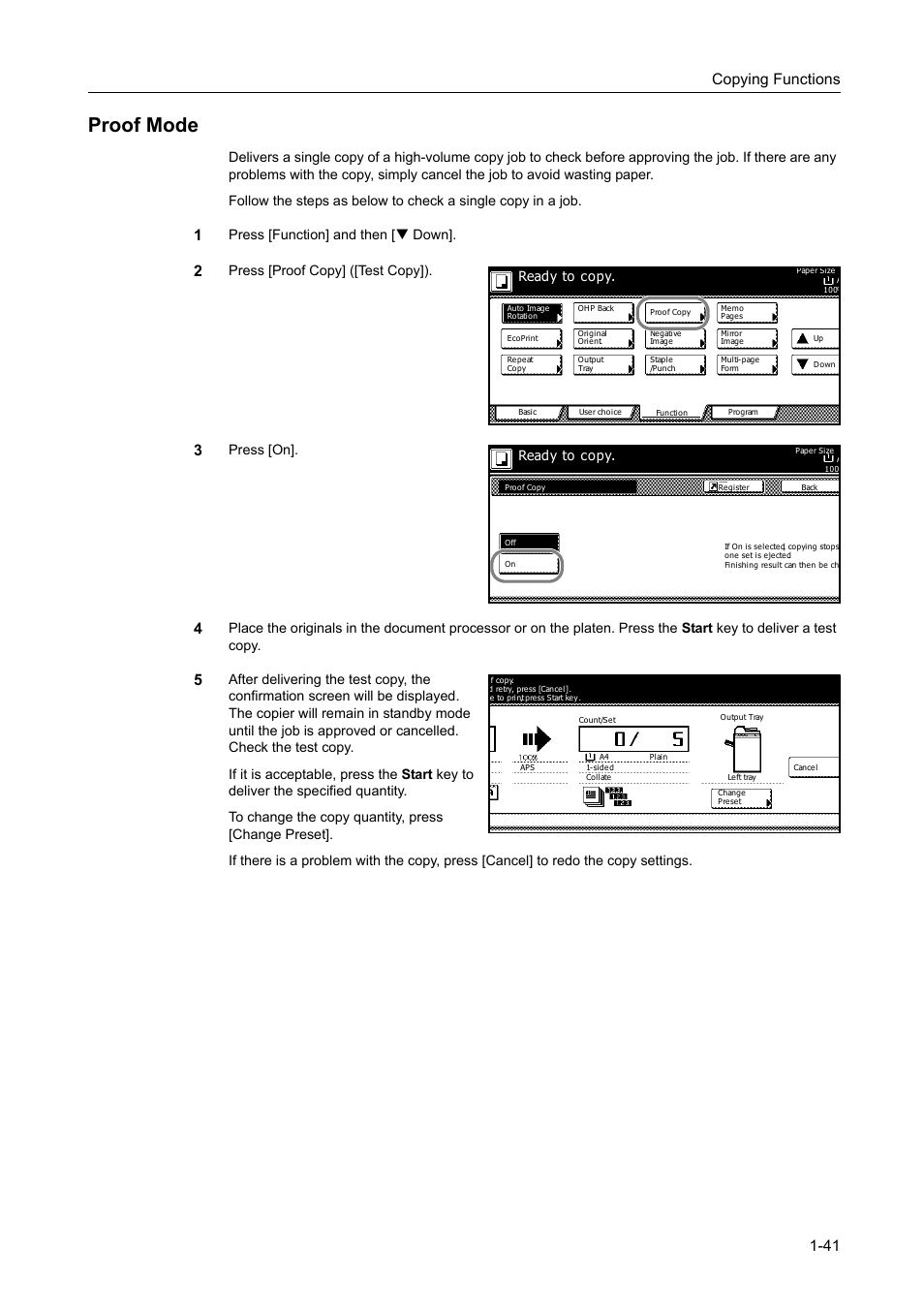 Proof mode, Proof mode -41, Copying functions 1-41 | Press [function] and then [t down, Press [proof copy] ([test copy]), Press [on, Ready to copy | TA Triumph-Adler DC 2162 User Manual | Page 47 / 210