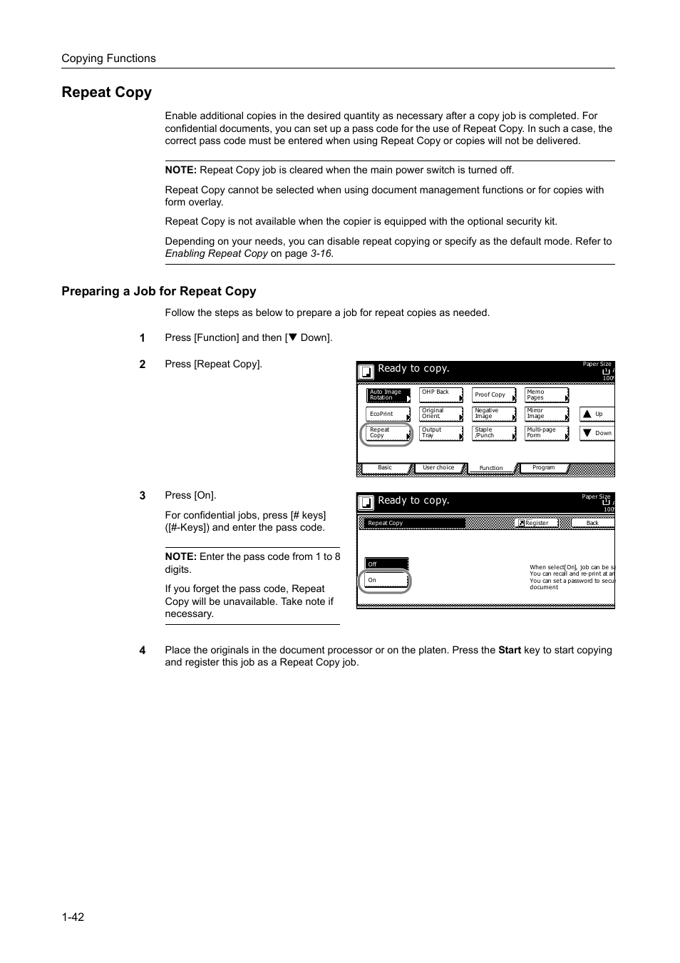Repeat copy, Preparing a job for repeat copy, Repeat copy -42 | Copying functions 1-42, Press [function] and then [t down, Press [repeat copy, Ready to copy | TA Triumph-Adler DC 2162 User Manual | Page 48 / 210