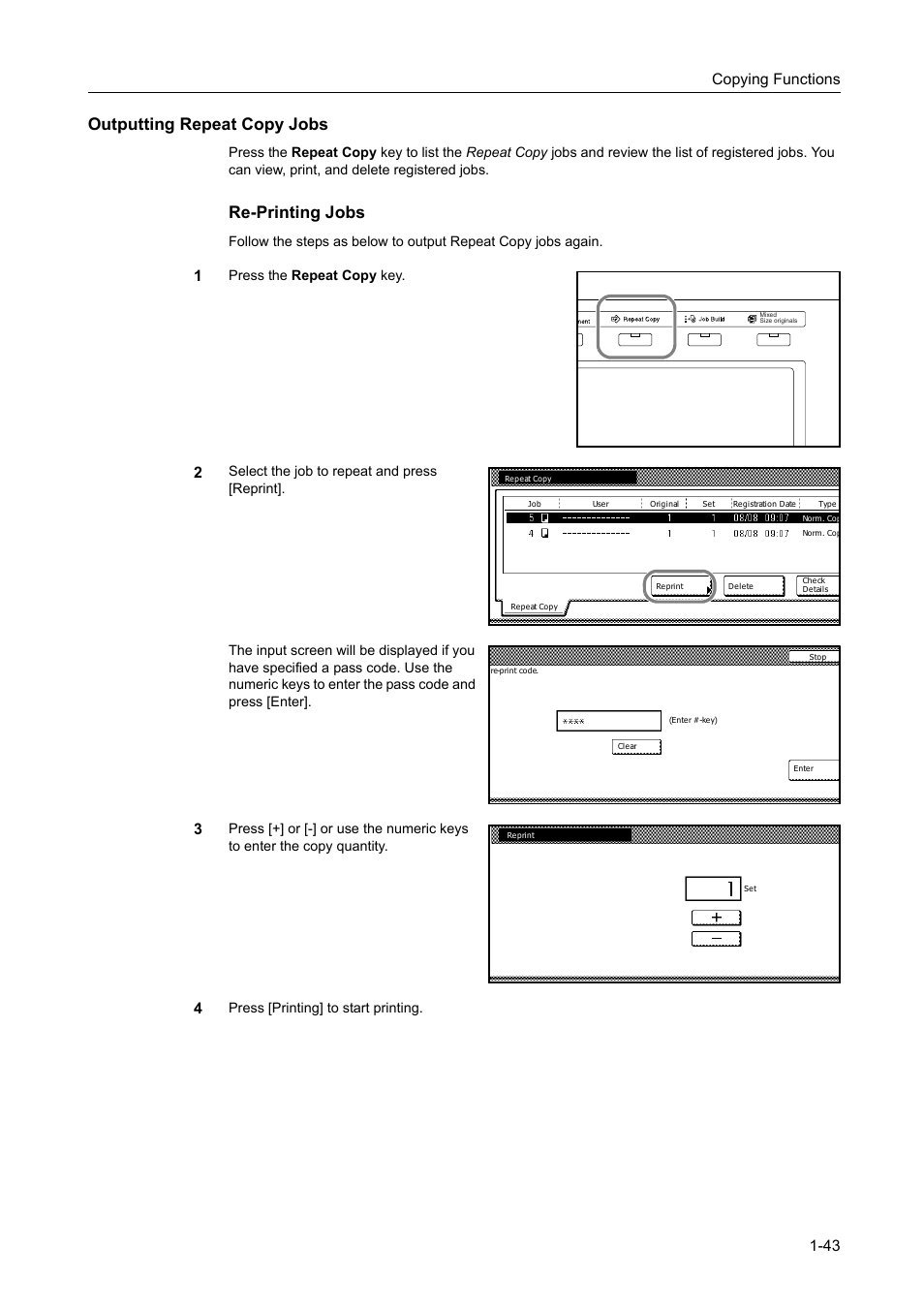 Outputting repeat copy jobs, Re-printing jobs, Copying functions 1-43 | TA Triumph-Adler DC 2162 User Manual | Page 49 / 210