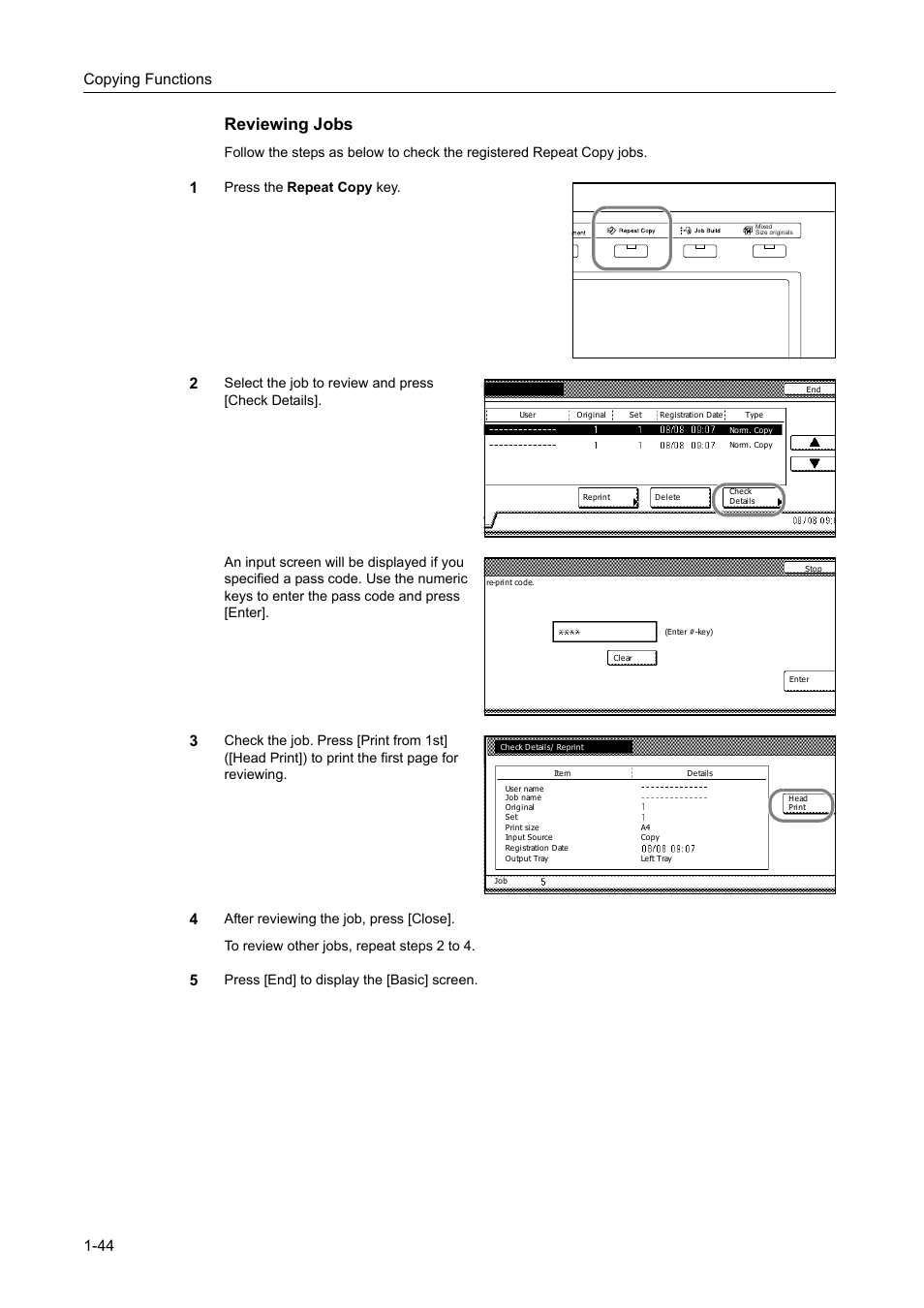 Reviewing jobs, Copying functions 1-44, Press the repeat copy key | Press [end] to display the [basic] screen | TA Triumph-Adler DC 2162 User Manual | Page 50 / 210