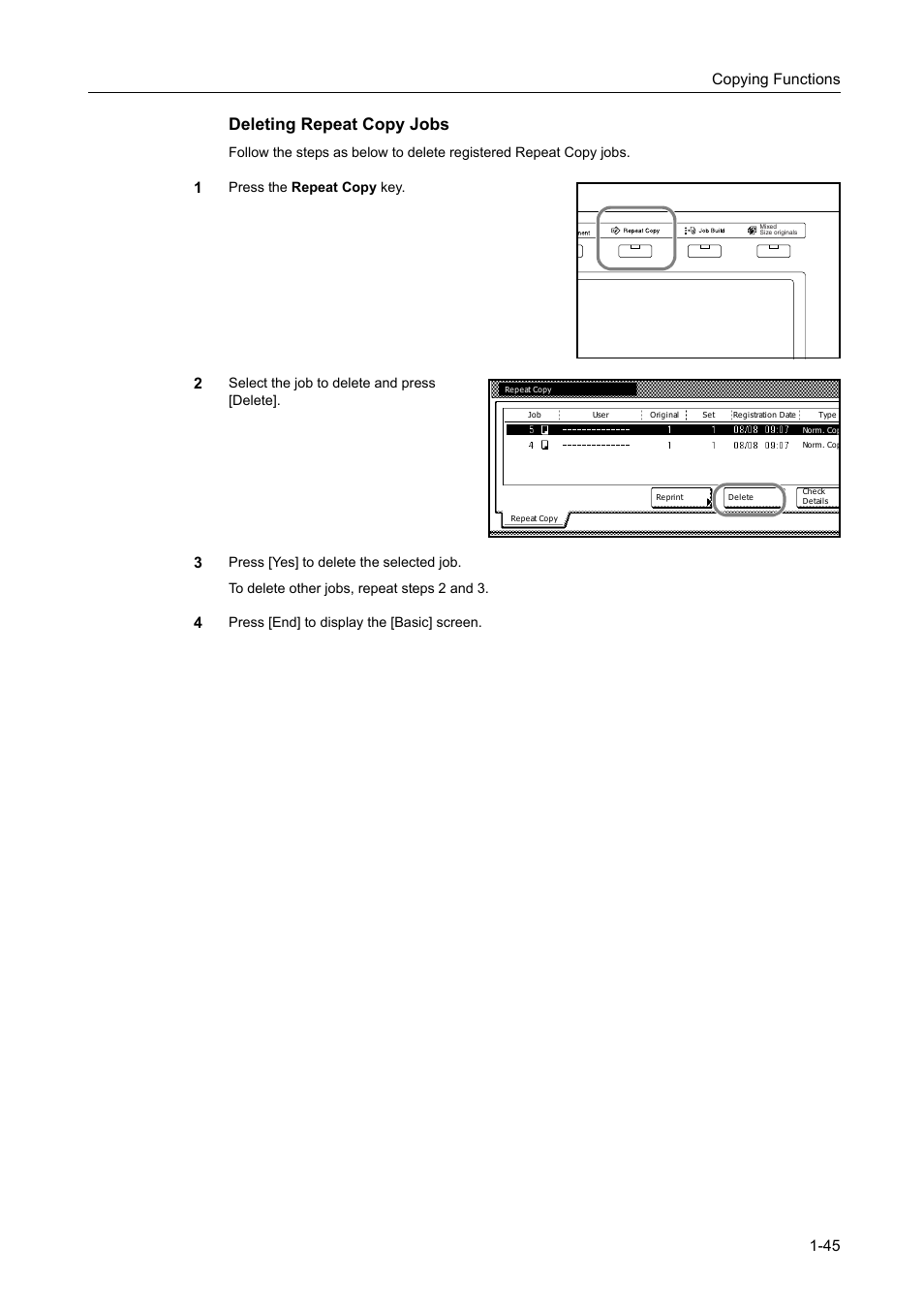 Deleting repeat copy jobs, Copying functions 1-45 | TA Triumph-Adler DC 2162 User Manual | Page 51 / 210