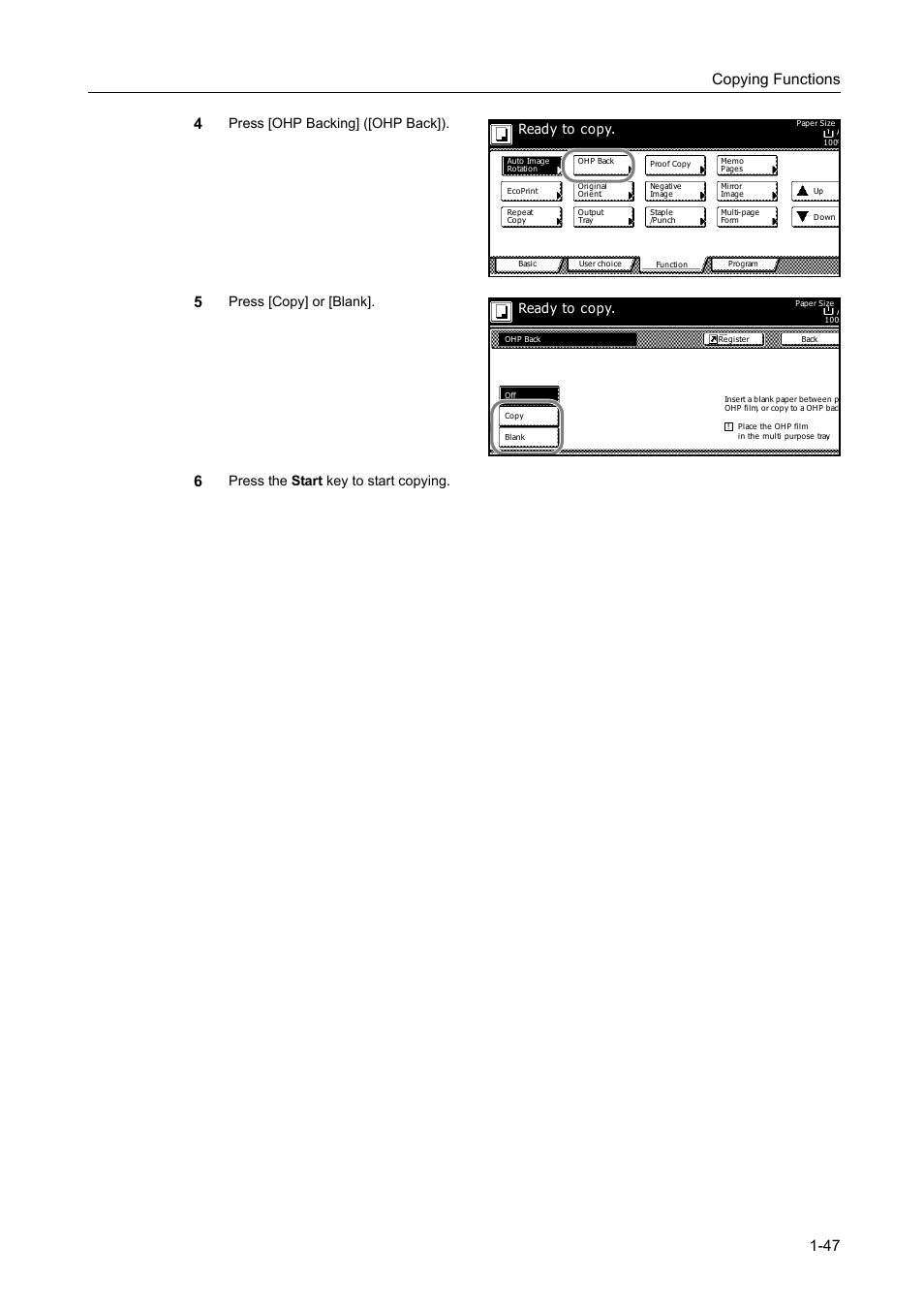 Copying functions 1-47 4, Press [ohp backing] ([ohp back]), Press [copy] or [blank | Ready to copy | TA Triumph-Adler DC 2162 User Manual | Page 53 / 210