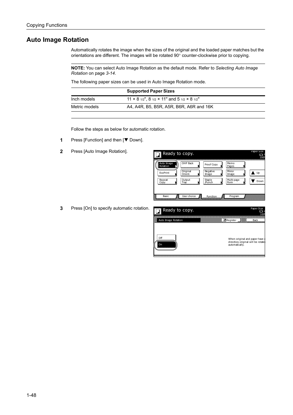 Auto image rotation, Auto image rotation -48, Copying functions 1-48 | Press [function] and then [t down, Press [auto image rotation, Ч 11" and 5, Ready to copy | TA Triumph-Adler DC 2162 User Manual | Page 54 / 210