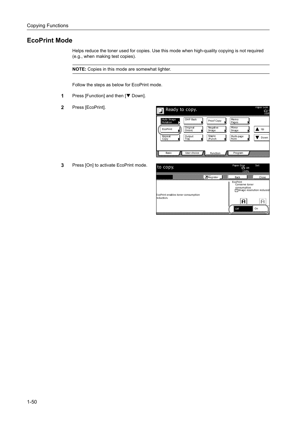 Ecoprint mode, Ecoprint mode -50, Copying functions 1-50 | Press [function] and then [t down, Press [ecoprint | TA Triumph-Adler DC 2162 User Manual | Page 56 / 210