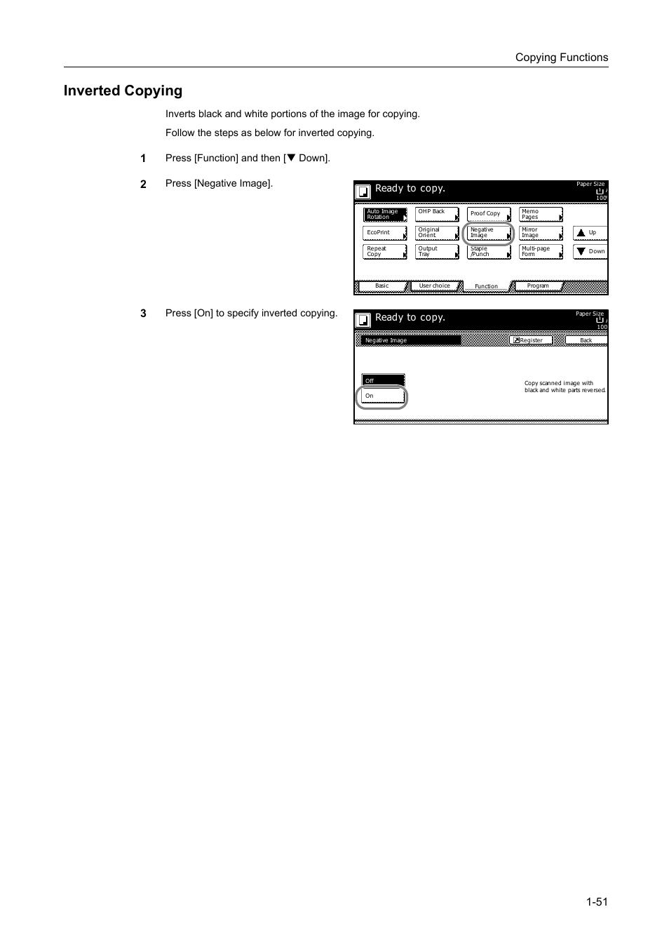 Inverted copying, Inverted copying -51, Copying functions 1-51 | Press [function] and then [t down, Press [negative image, Ready to copy | TA Triumph-Adler DC 2162 User Manual | Page 57 / 210