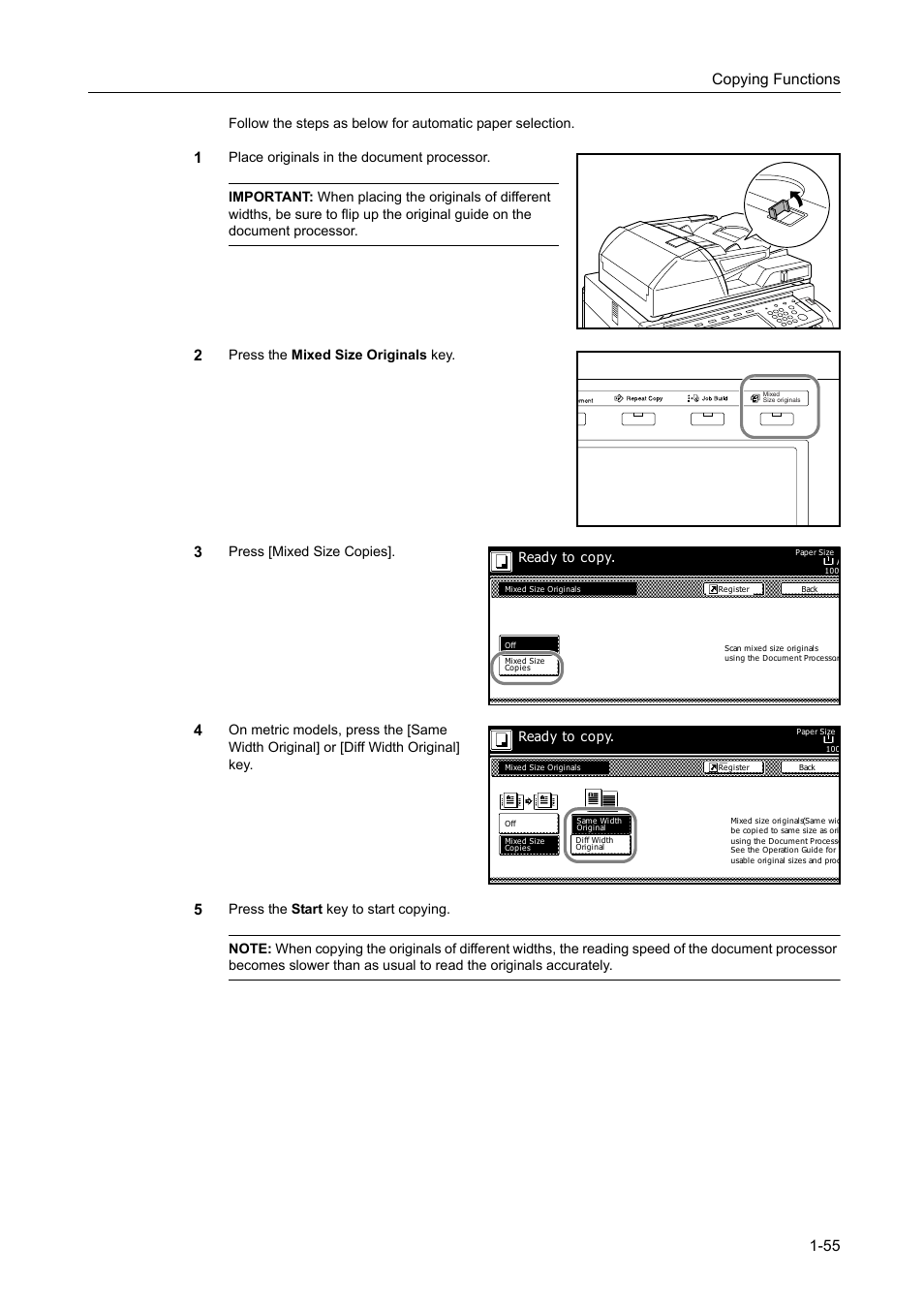 Copying functions 1-55, Press the mixed size originals key, Press [mixed size copies | Ready to copy | TA Triumph-Adler DC 2162 User Manual | Page 61 / 210