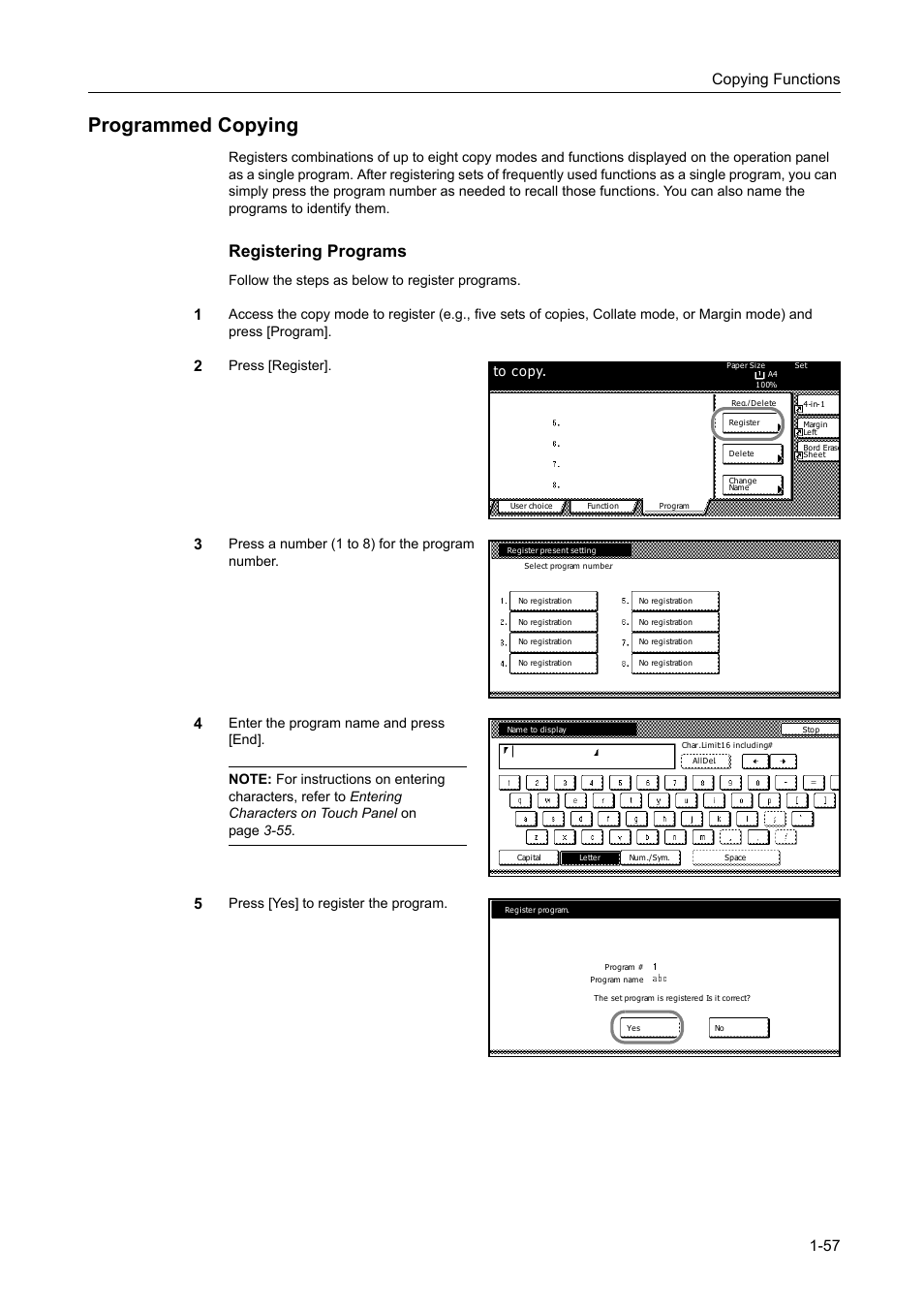 Programmed copying, Programmed copying -57, Registering programs | Copying functions 1-57, Follow the steps as below to register programs, Press [register, Press a number (1 to 8) for the program number, Press [yes] to register the program. to copy | TA Triumph-Adler DC 2162 User Manual | Page 63 / 210