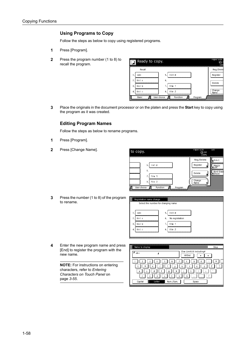 Using programs to copy, Editing program names, Copying functions 1-58 | Press [program, Follow the steps as below to rename programs, Press [change name, Press the number (1 to 8) of the program to rename | TA Triumph-Adler DC 2162 User Manual | Page 64 / 210