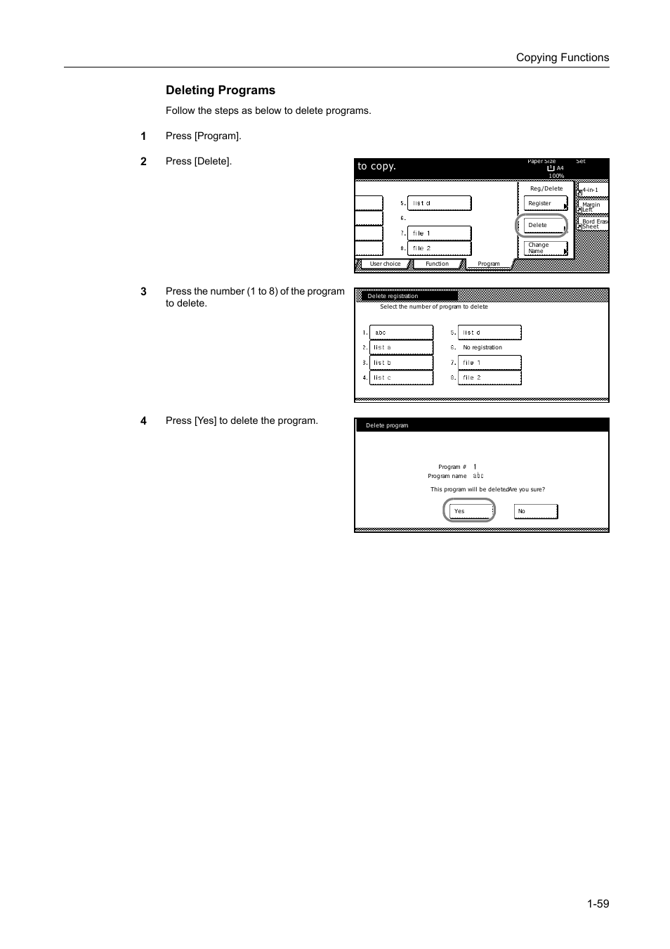 Deleting programs, Copying functions 1-59, Follow the steps as below to delete programs | Press [program, Press [delete, Press the number (1 to 8) of the program to delete, Press [yes] to delete the program. to copy | TA Triumph-Adler DC 2162 User Manual | Page 65 / 210