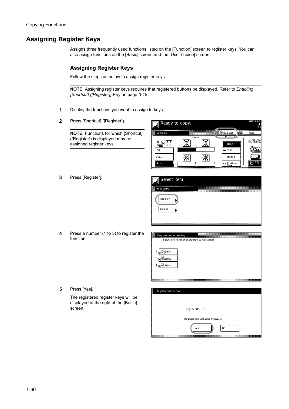 Assigning register keys, Assigning register keys -60, Copying functions 1-60 | Display the functions you want to assign to keys, Press [register, Press a number (1 to 3) to register the function, Ready to copy, Select item | TA Triumph-Adler DC 2162 User Manual | Page 66 / 210