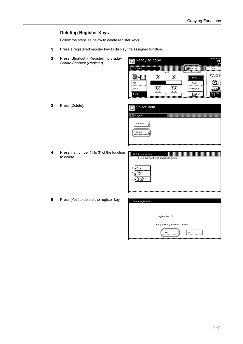 Deleting register keys, Copying functions 1-61, Follow the steps as below to delete register keys | Press [delete, Press [yes] to delete the register key, Ready to copy, Select item | TA Triumph-Adler DC 2162 User Manual | Page 67 / 210