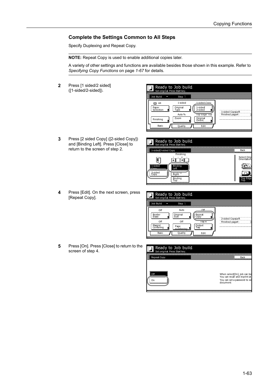 Complete the settings common to all steps, Copying functions 1-63, Press [1 sided/2 sided] ([1-sided/2-sided]) | Ready to job build | TA Triumph-Adler DC 2162 User Manual | Page 69 / 210