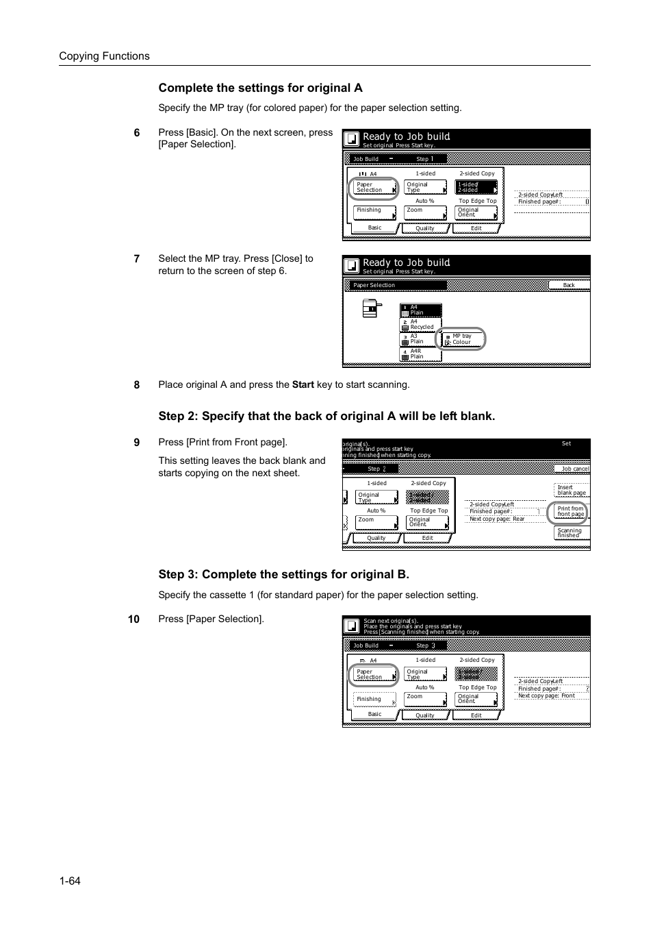 Complete the settings for original a, Step 3: complete the settings for original b, Copying functions 1-64 | Press [paper selection, Ready to job build | TA Triumph-Adler DC 2162 User Manual | Page 70 / 210