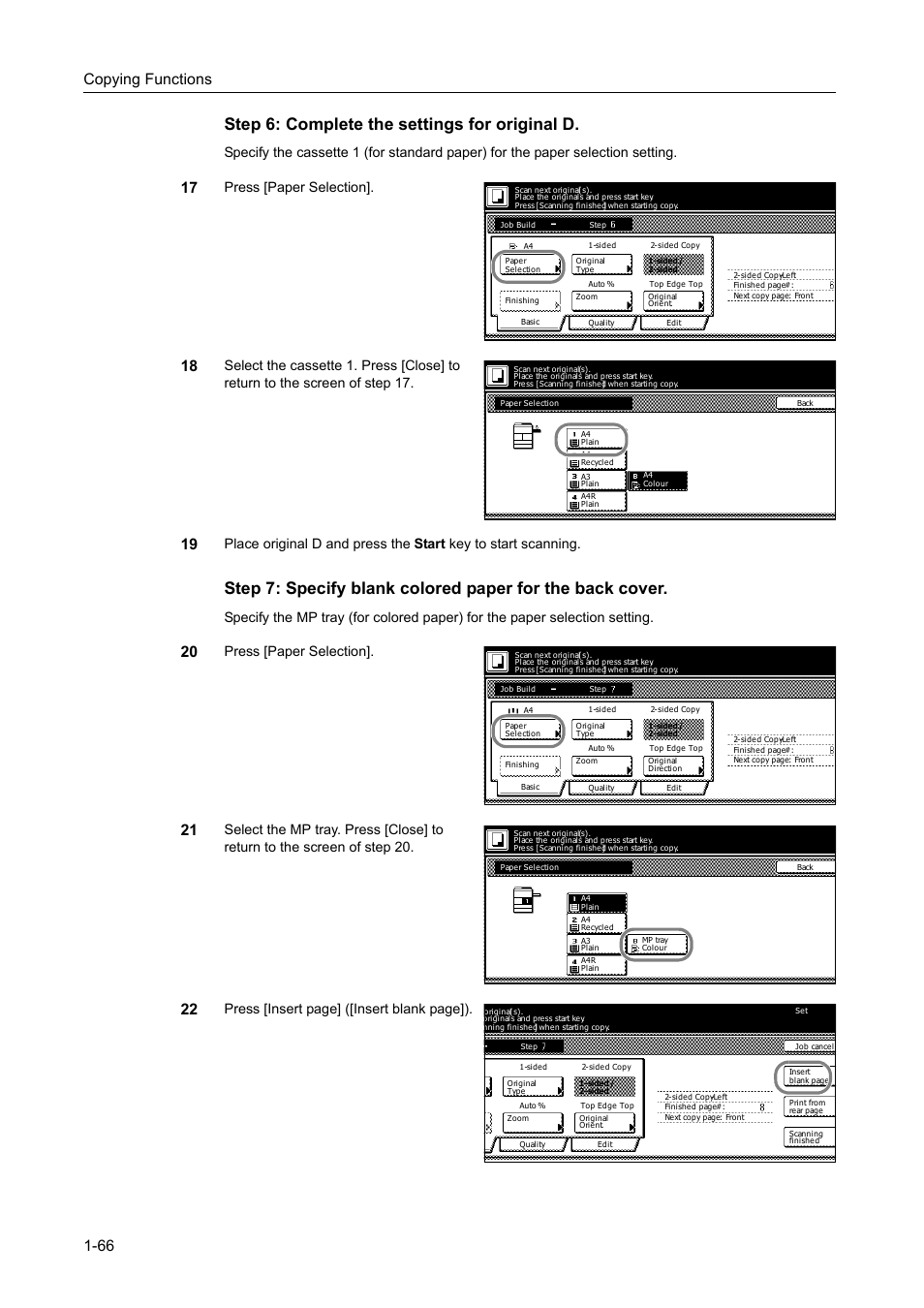 Step 6: complete the settings for original d, Copying functions 1-66, Press [paper selection | Press [insert page] ([insert blank page]) | TA Triumph-Adler DC 2162 User Manual | Page 72 / 210