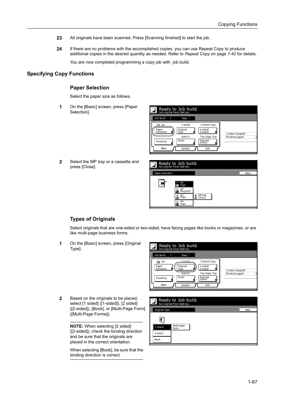 Specifying copy functions, Specifying copy functions paper selection, Types of originals | Select the paper size as follows, On the [basic] screen, press [paper selection, Select the mp tray or a cassette and press [close, On the [basic] screen, press [original type, Ready to job build | TA Triumph-Adler DC 2162 User Manual | Page 73 / 210