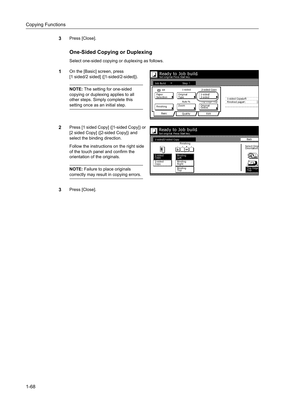 One-sided copying or duplexing, Copying functions 1-68 3, Press [close | Select one-sided copying or duplexing as follows, Press [close]. ready to job build, Ready to job build | TA Triumph-Adler DC 2162 User Manual | Page 74 / 210