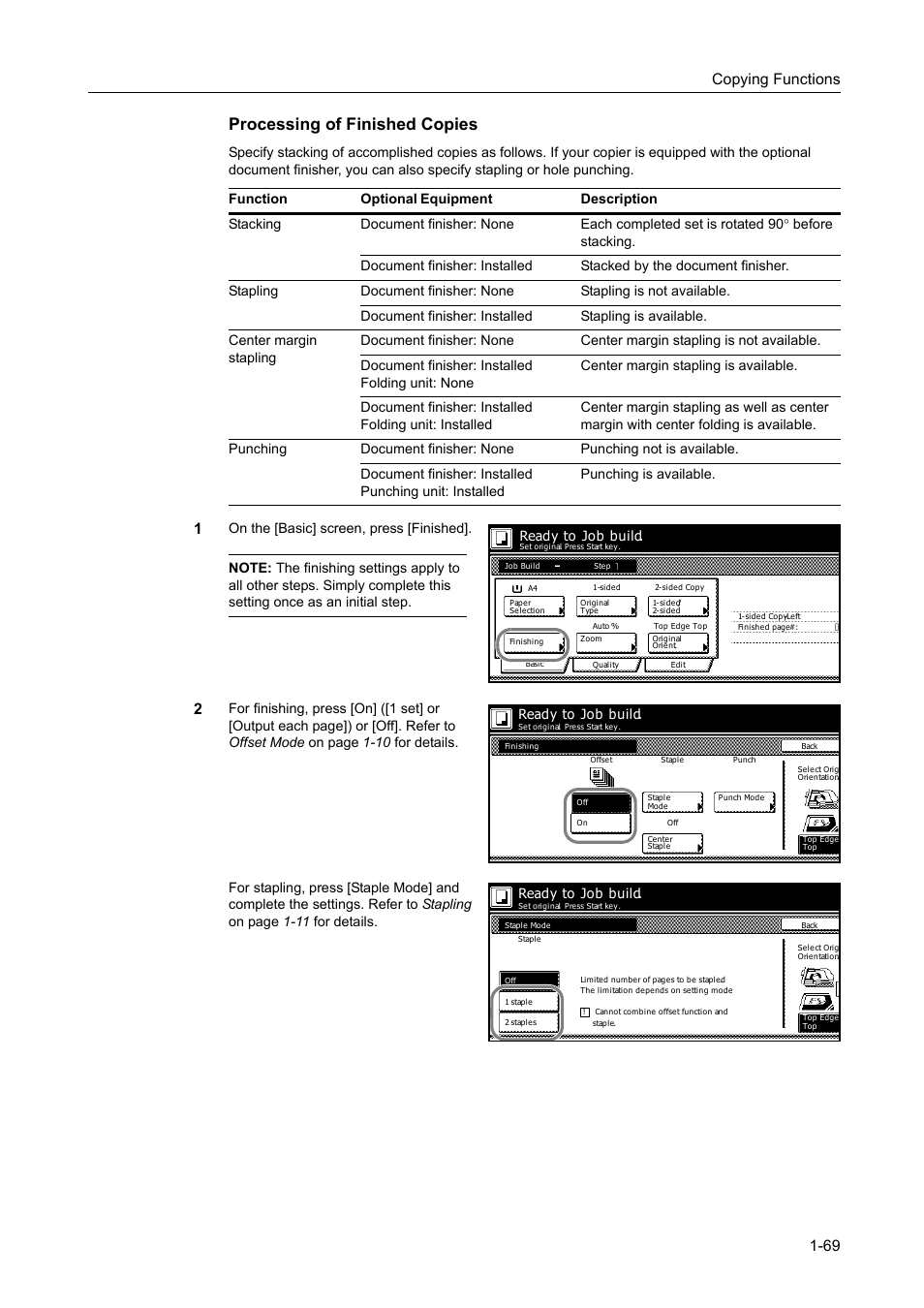 Processing of finished copies, Copying functions 1-69, Ready to job build | TA Triumph-Adler DC 2162 User Manual | Page 75 / 210
