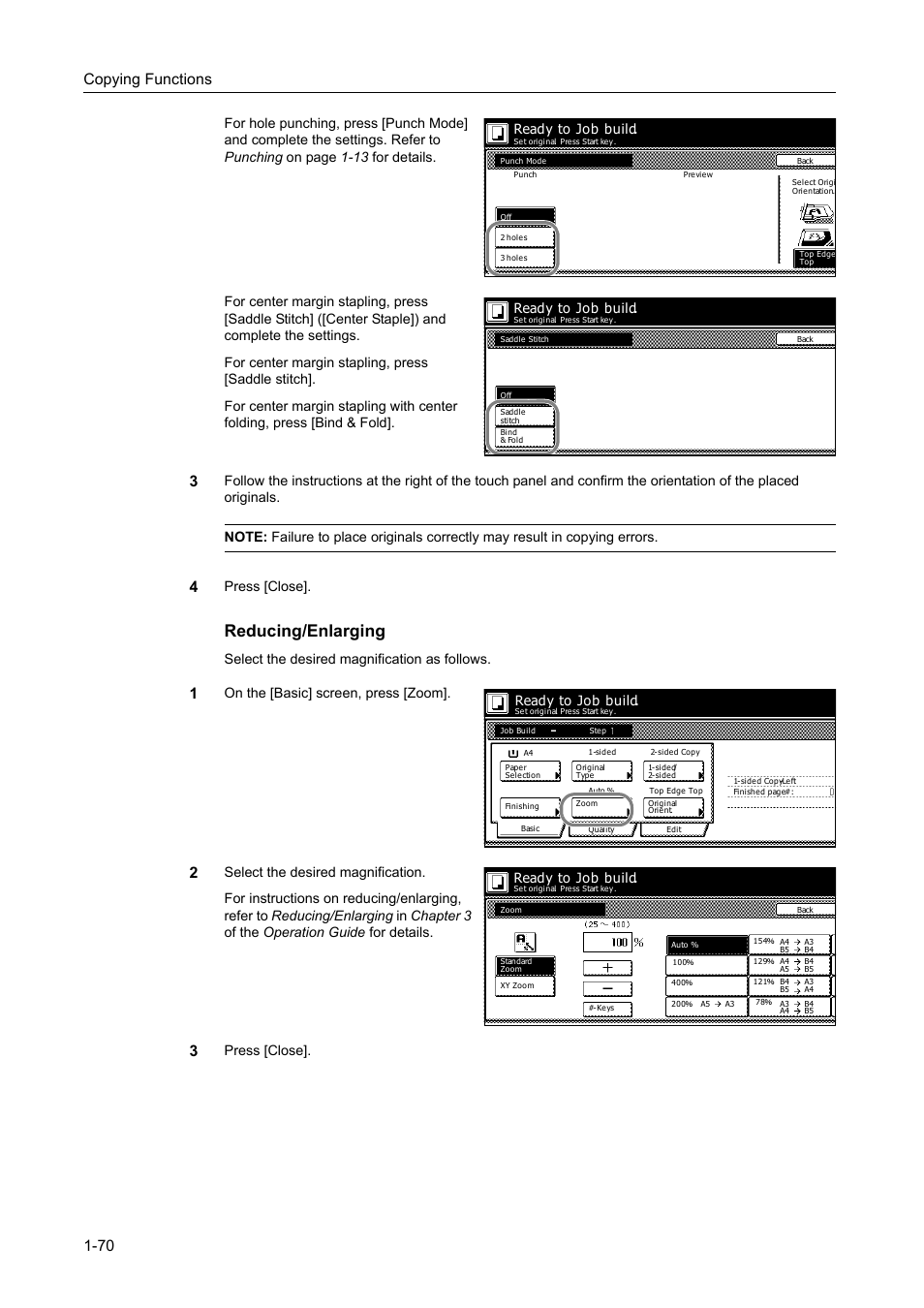 Reducing/enlarging, Copying functions 1-70, Press [close | Select the desired magnification as follows, On the [basic] screen, press [zoom, Ready to job build | TA Triumph-Adler DC 2162 User Manual | Page 76 / 210