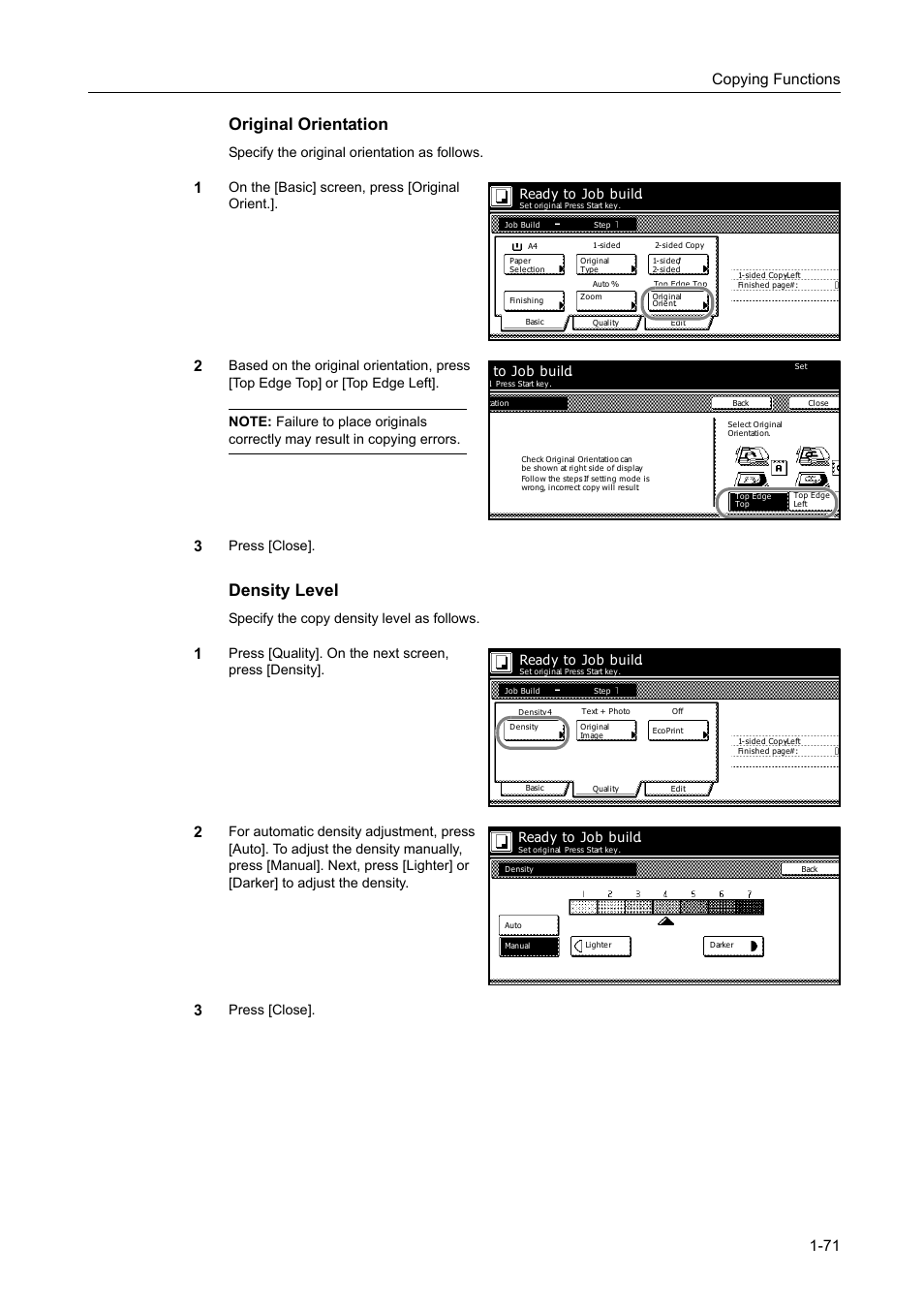 Original orientation, Density level, Copying functions 1-71 | Specify the original orientation as follows, On the [basic] screen, press [original orient, Press [close, Specify the copy density level as follows, Press [close]. ready to job build, Ready to job build | TA Triumph-Adler DC 2162 User Manual | Page 77 / 210