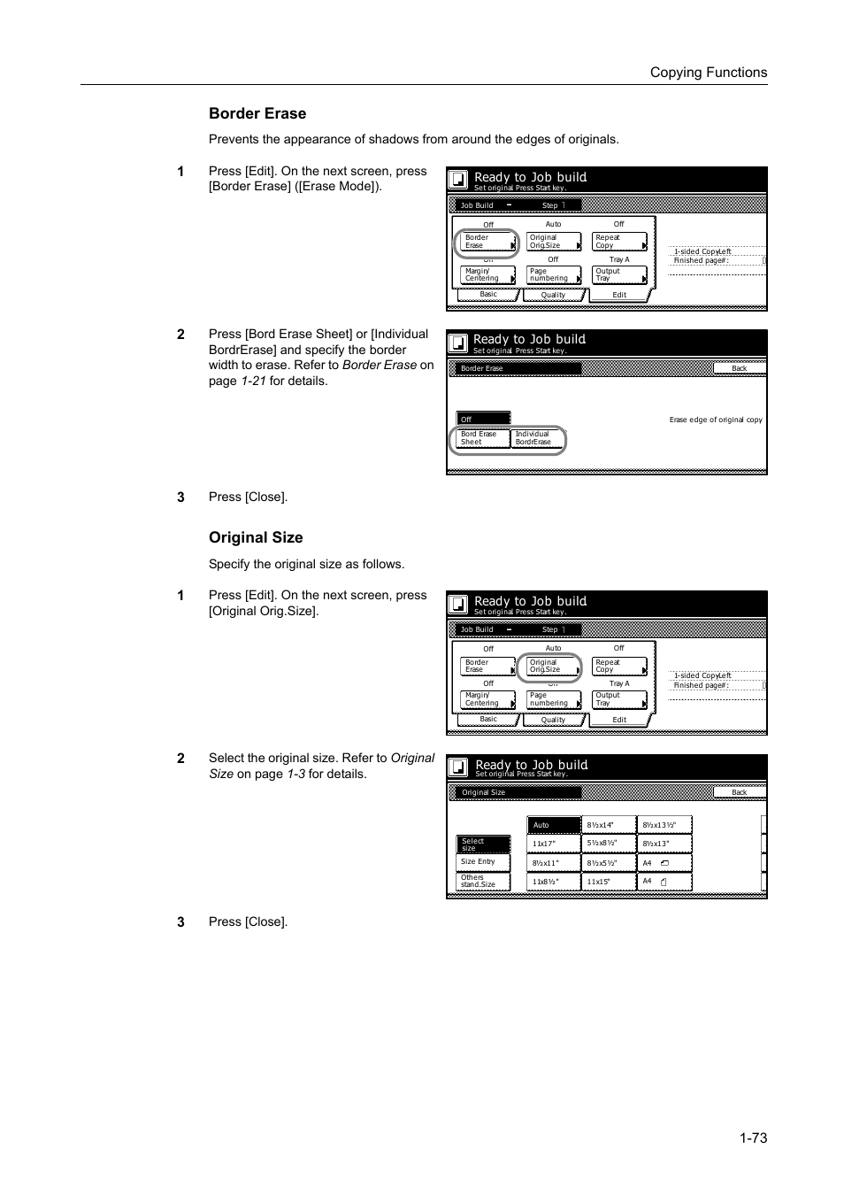 Border erase, Original size, Copying functions 1-73 | Press [close, Specify the original size as follows, Press [close]. ready to job build, Ready to job build | TA Triumph-Adler DC 2162 User Manual | Page 79 / 210