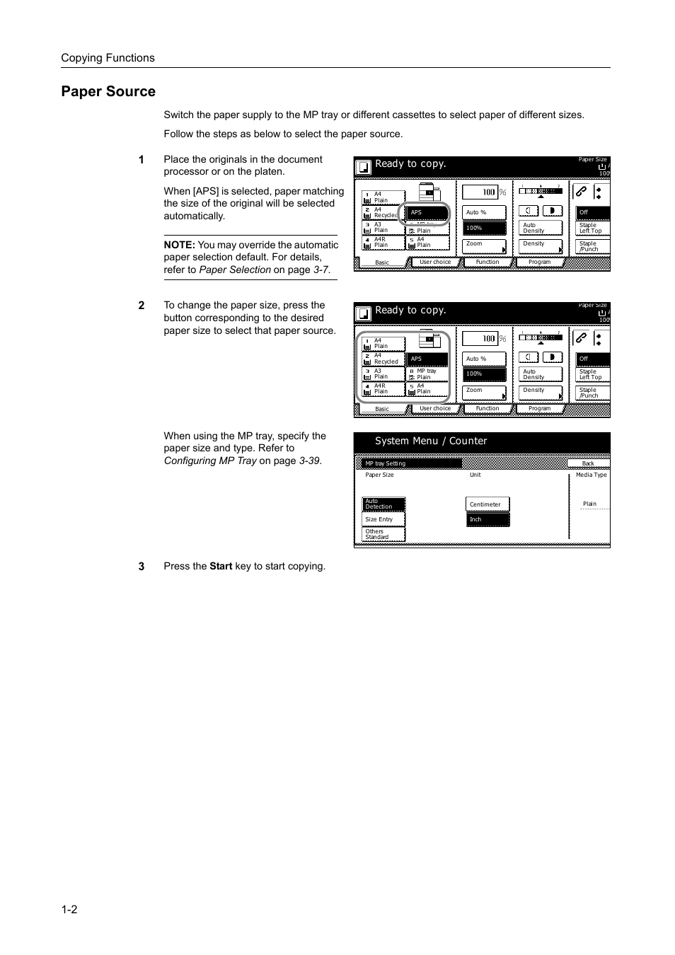 Paper source, Paper source -2, Copying functions 1-2 | Ready to copy, System menu / counter | TA Triumph-Adler DC 2162 User Manual | Page 8 / 210