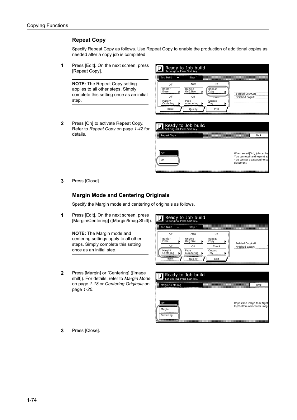 Repeat copy, Margin mode and centering originals, Copying functions 1-74 | Press [close, Press [close]. ready to job build, Ready to job build | TA Triumph-Adler DC 2162 User Manual | Page 80 / 210