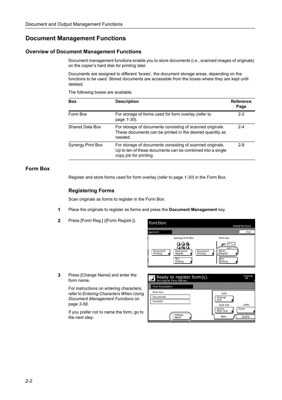 Document management functions, Overview of document management functions, Form box | Document management functions -2, Registering forms, Document and output management functions 2-2 | TA Triumph-Adler DC 2162 User Manual | Page 84 / 210